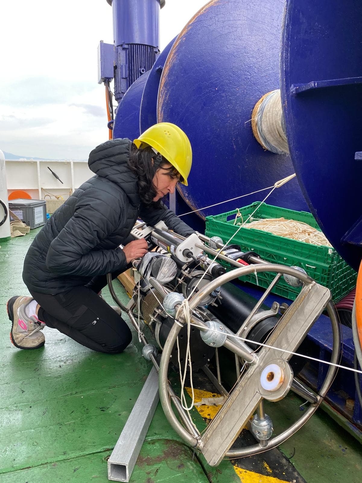 Susana Flecha preparing the instrumentation of the Gibraltar Fixed Time Series (GIFT) mooring in the Strait of Gibraltar