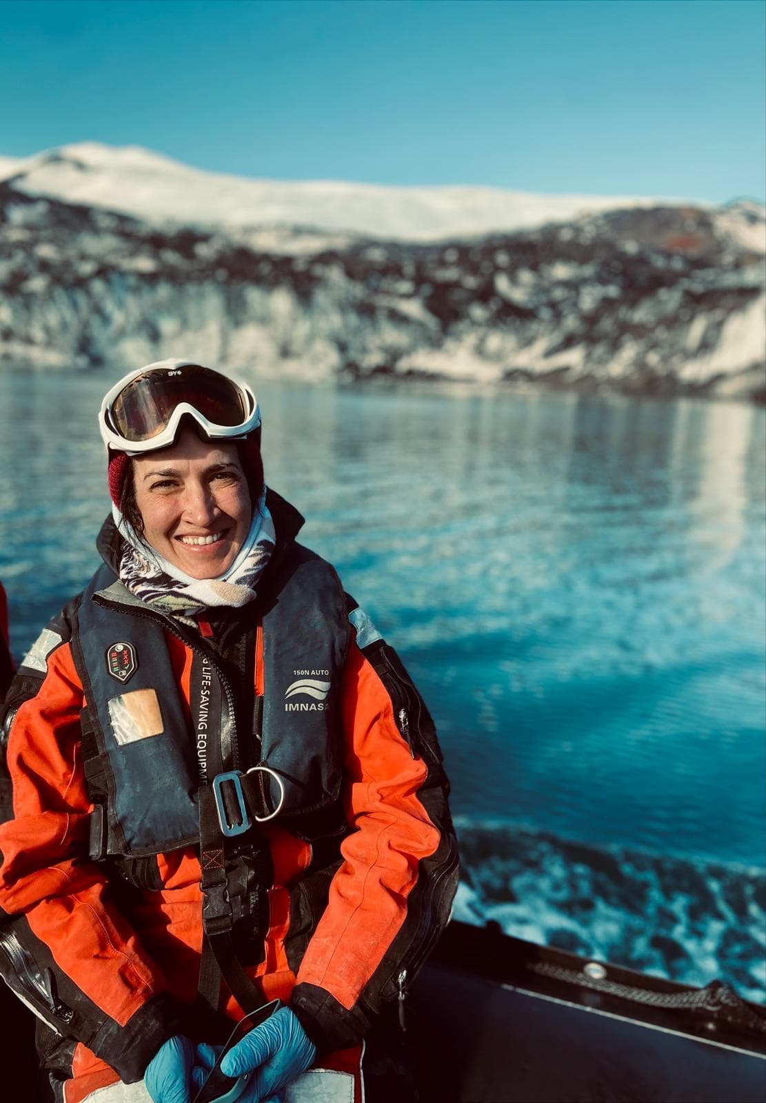 Susana Flecha, researcher in ocean biogeochemistry, during fieldwork in Antarctic waters