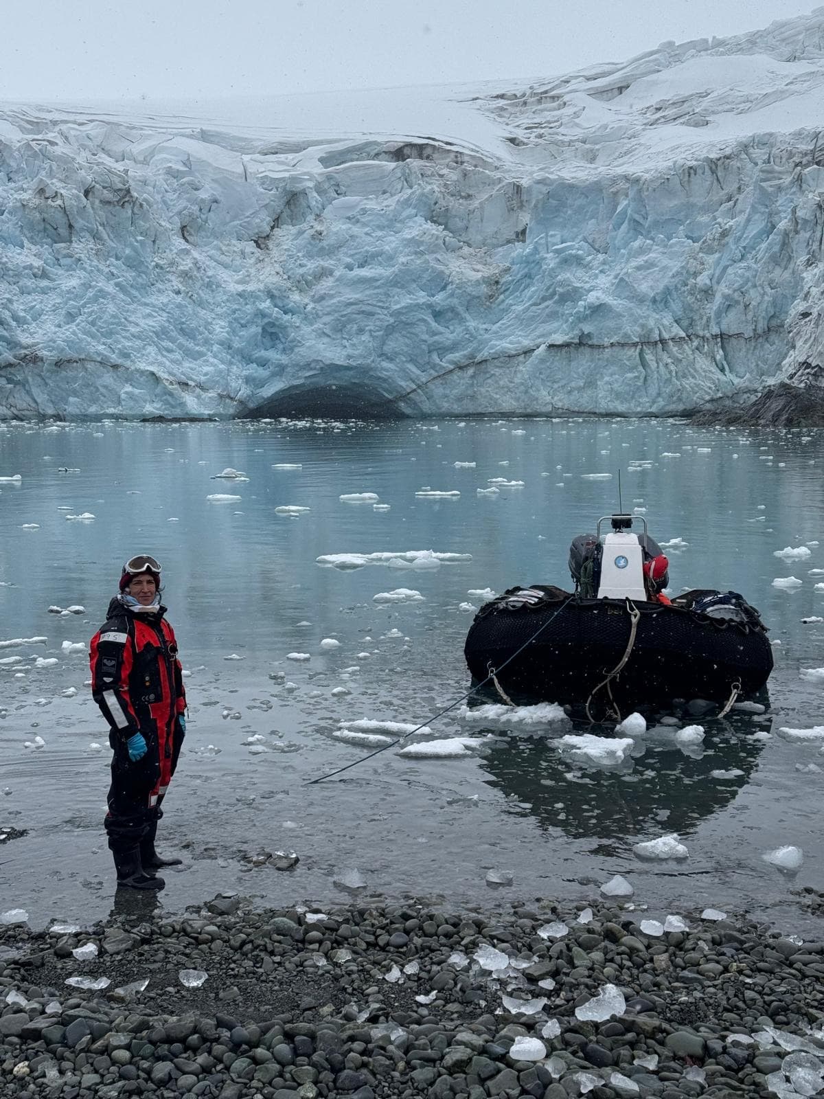 Instrument-laden zodiac at a glacier front during Antarctic carbon-system sampling